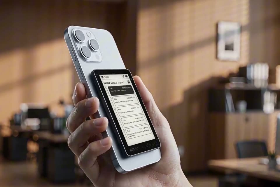 The Reetle hub snapping onto the back of a phone and detaching.
