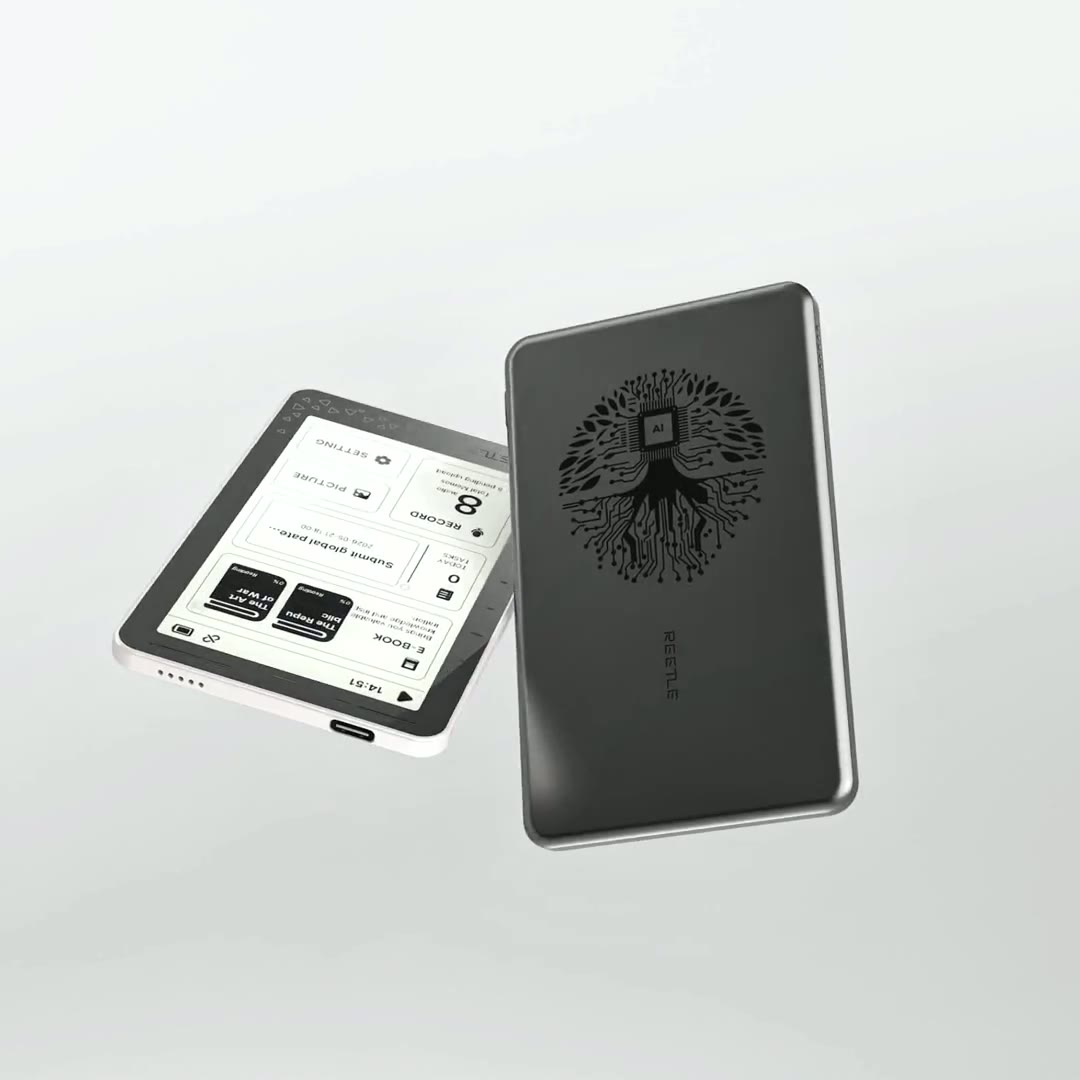 The Reetle shell rotating slowly, a layered buffer with the screen recessed below the frame edge.
